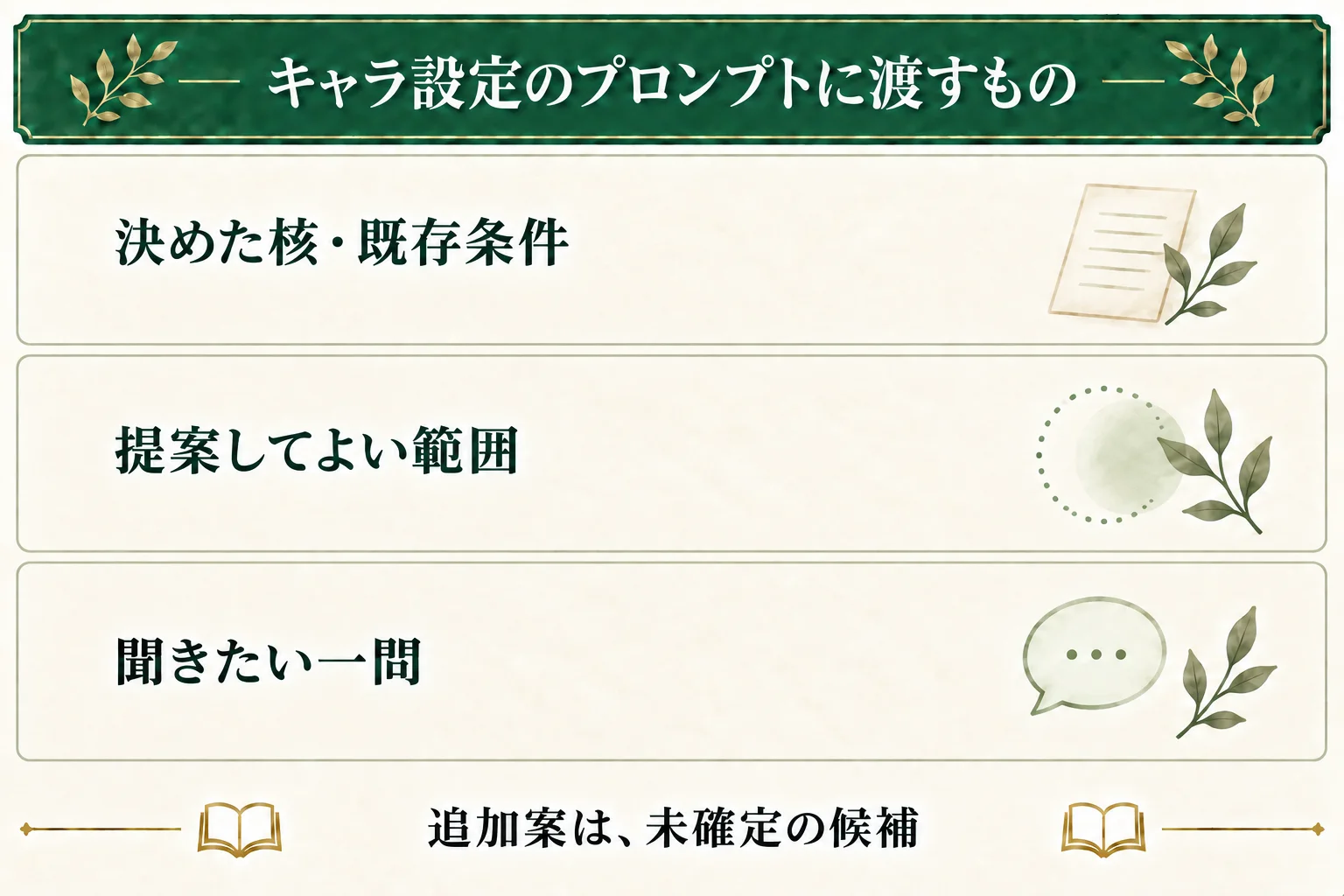 AIへのプロンプトに、作者が決めた核と既存条件、新しい案を出してよい範囲、聞きたい一問を入れる。追加案は採用するまで未確定の候補として分ける。