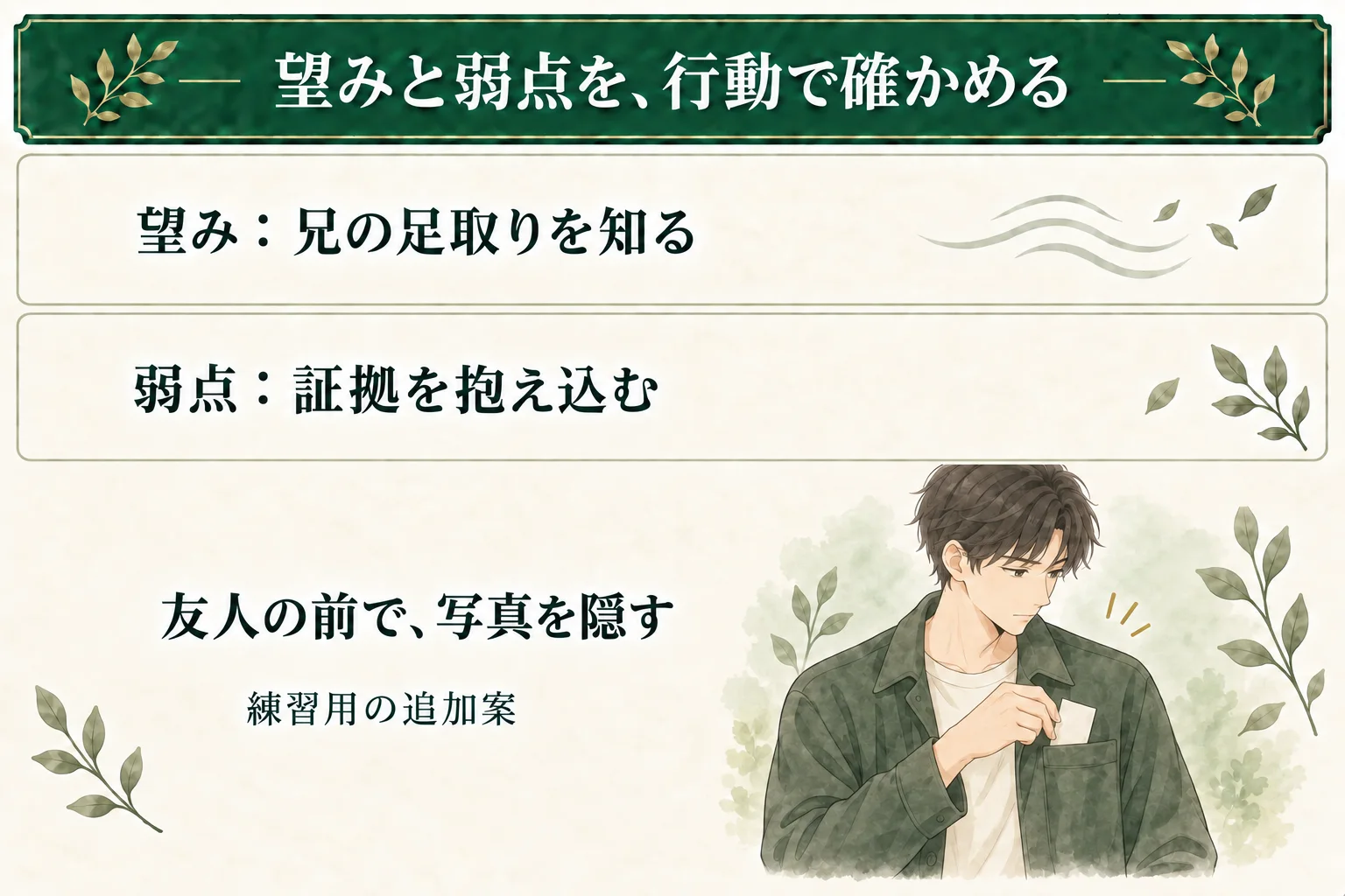 練習例。兄の足取りを知りたい望みと、証拠を抱え込む弱点を並べる。友人の前で写真を隠す行動は、この二つを試すための追加案として扱う。