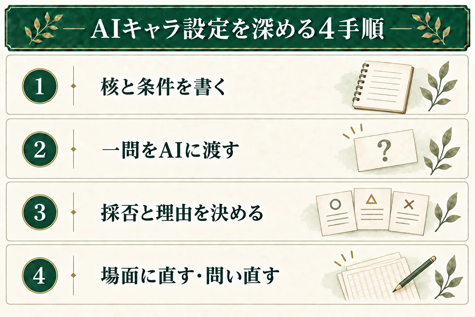 望みと弱点などの核と条件を書き、一問をAIに渡す。返答の採否と理由を決め、使う案は場面の一文へ直す。合う案がなければ問いを直す。