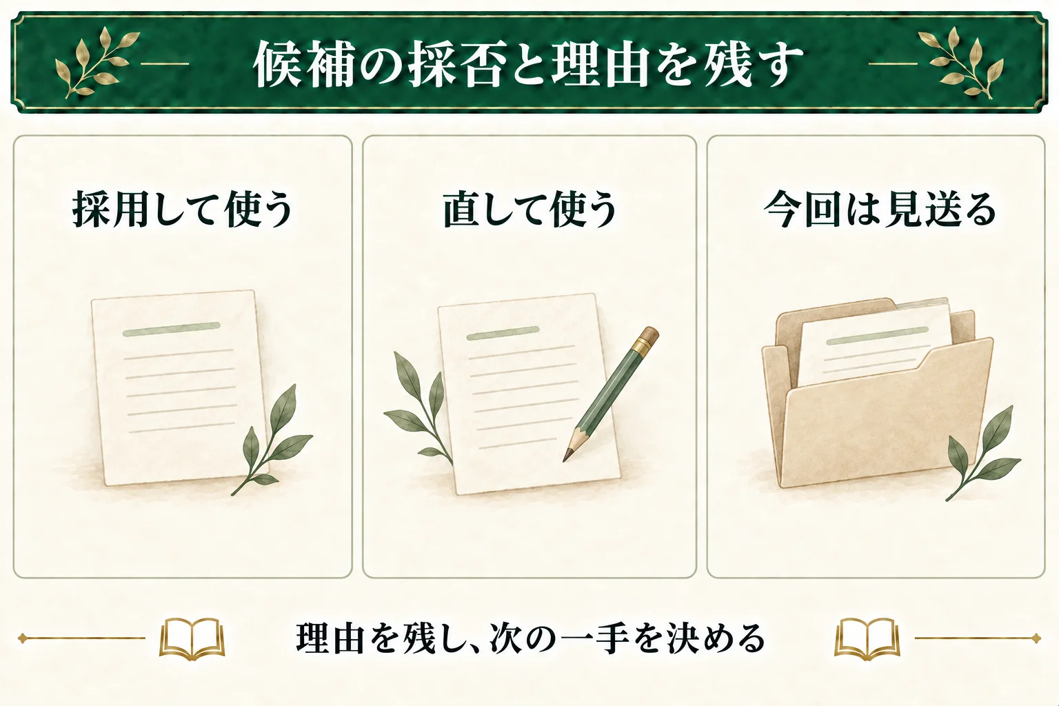 候補は採用して使う、直して使う、今回は見送るのいずれも選べる。理由を残し、場面へ使うか質問を直すか、次の一手を決める。
