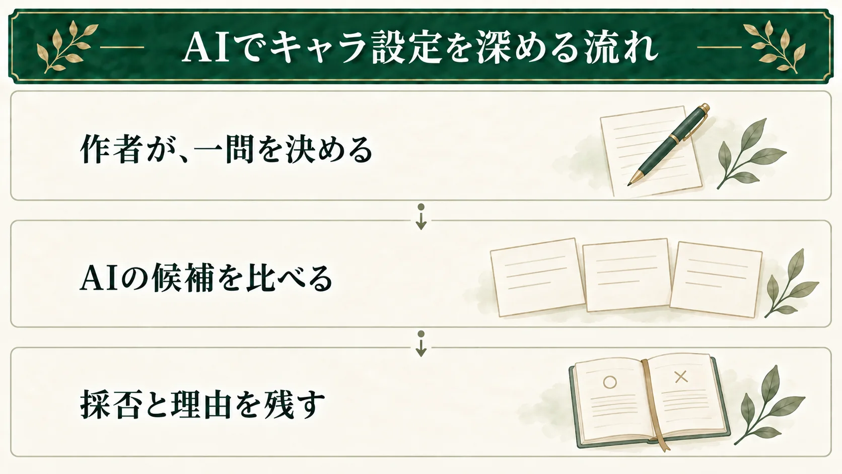 作者が望みと弱点に基づいて一問を決め、AIから受け取った場面や言動の候補を比べる。採用・修正・見送りと理由を作者が残す。