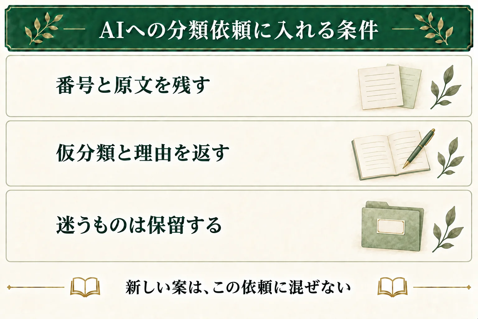 分類依頼では、番号と原文を残し、仮分類と理由を返してもらう。迷うメモは保留にし、新しいアイデアの追加は別の作業として分ける。