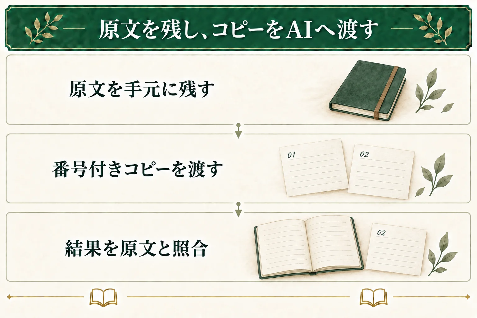 原文は手元に残し、整理する範囲のコピーに番号を付けてAIへ渡す。返ってきた結果は番号を手がかりに原文と照合する。