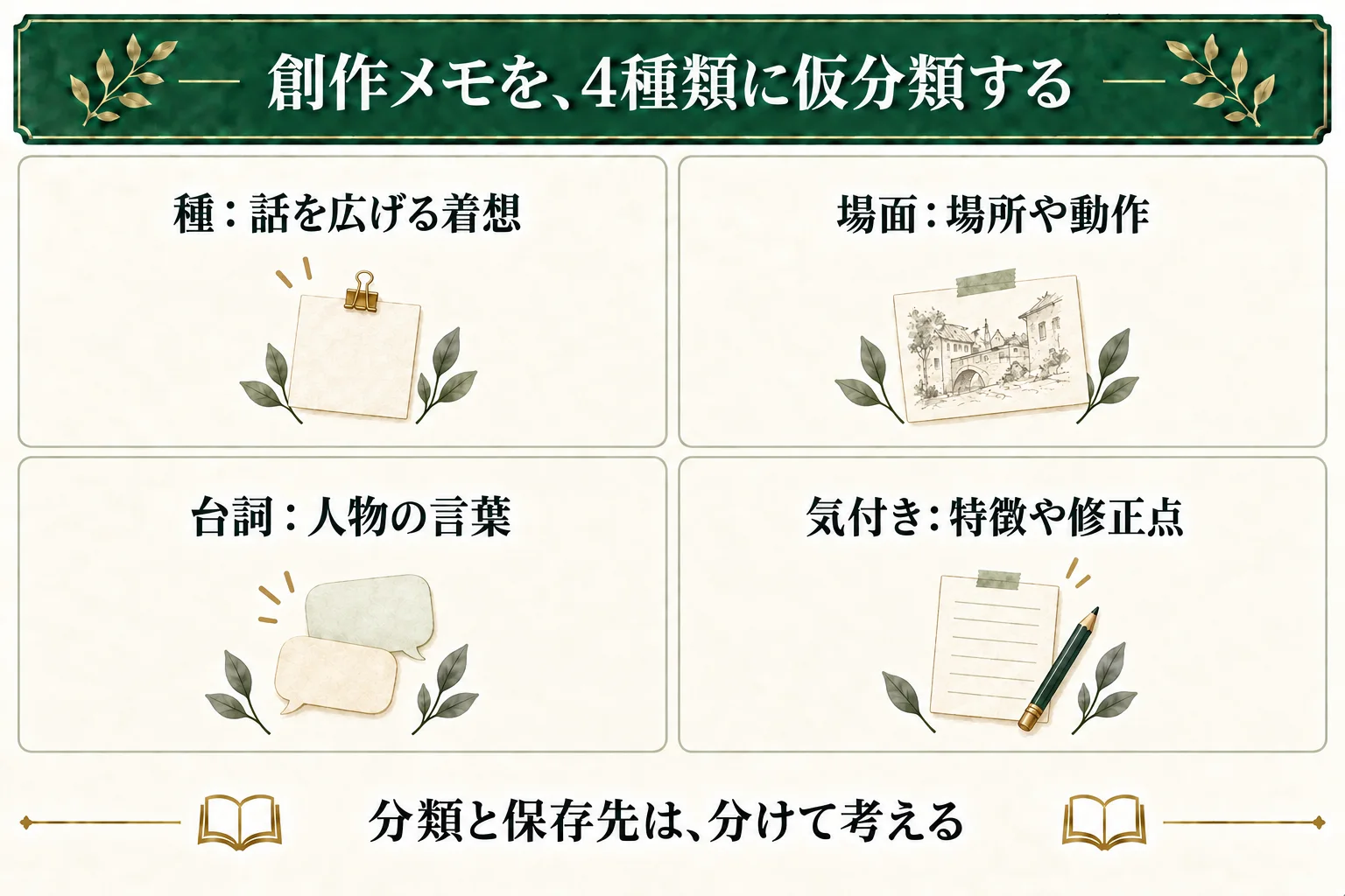 仮分類の例は、種、場面、台詞、気付き。メモの中身による分類と、次に使うための保存先は分けて考える。