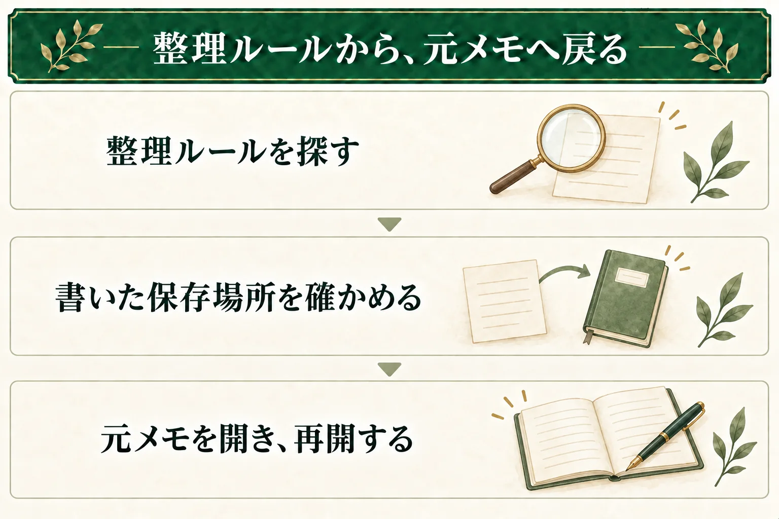 サイトのマイノートで保存した整理ルールを探し、そこに書いた保存場所を確かめる。普段使うノートの元メモを開き、記録した次の作業を再開する。