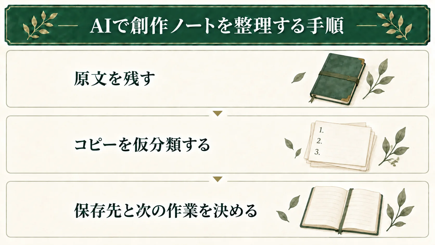 創作ノートの原文を残し、番号付きコピーをAIに仮分類してもらう。原文と分類理由を確かめ、保存先と次の作業は作者が決める。