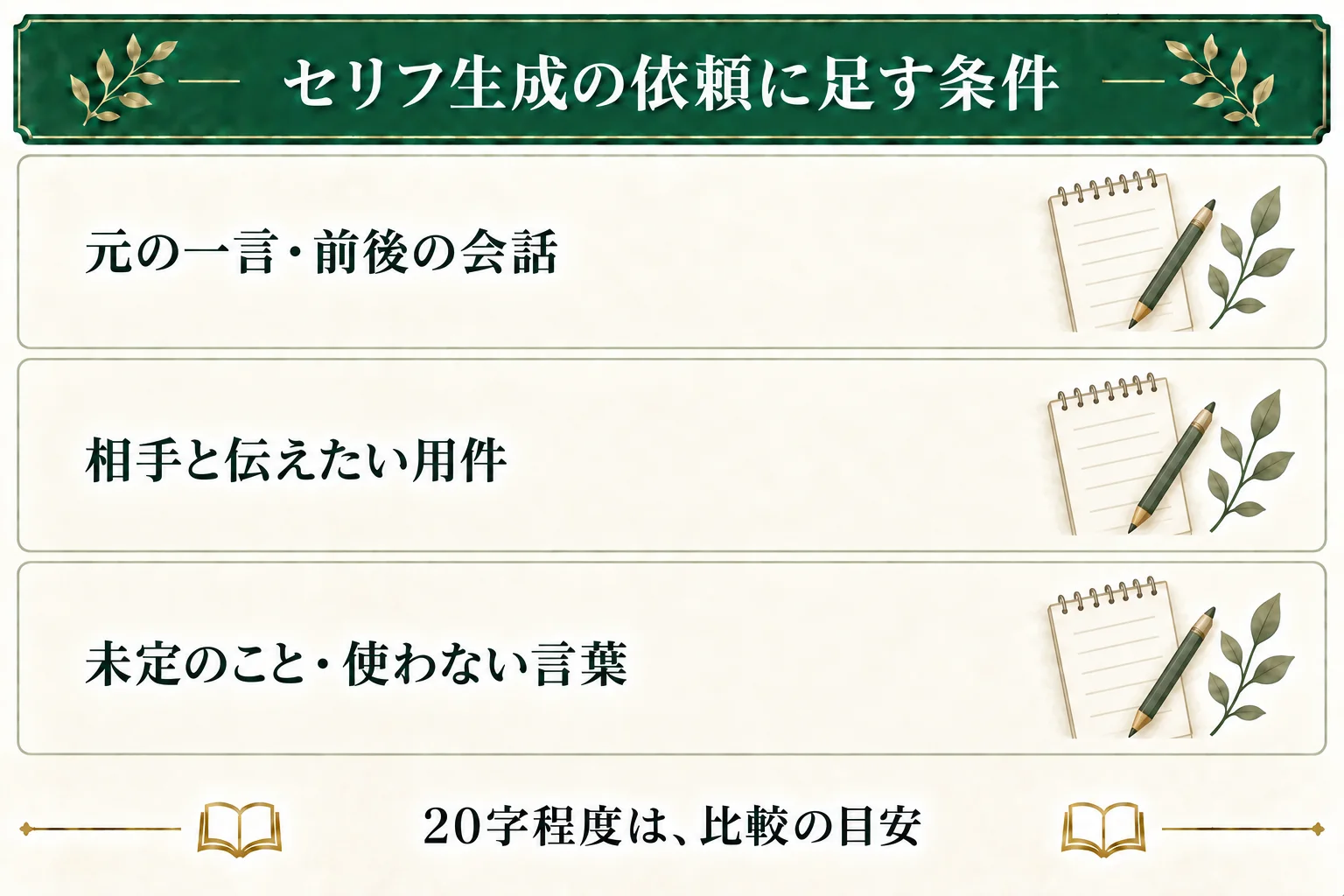 AIへの依頼に元の一言と前後の会話、相手と用件、未定の条件や使わない言葉を添える。20字程度は比較の目安で、意味に合わせて調整する。