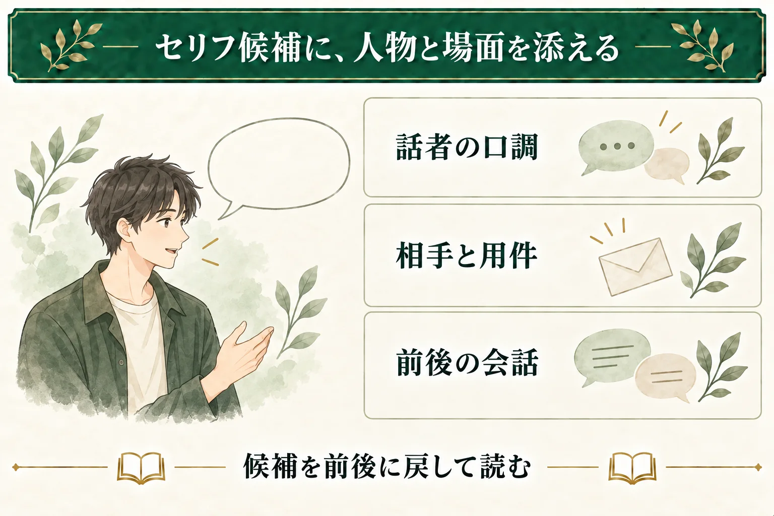 セリフの話者を考え、口調、相手と用件、前後の会話を条件として添える。出てきた候補は一文だけで判断せず、前後に戻して読む。