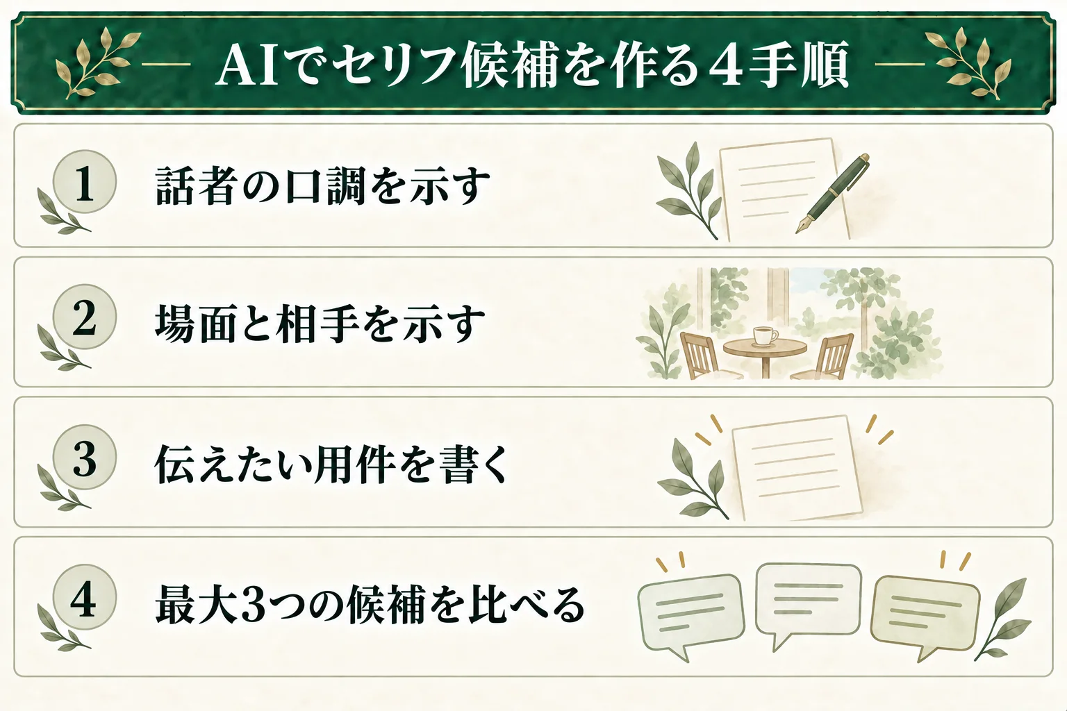 話者の口調を示し、場面と相手、具体的に伝えたい用件を添える。最大3つの短い候補を作り、比較する。