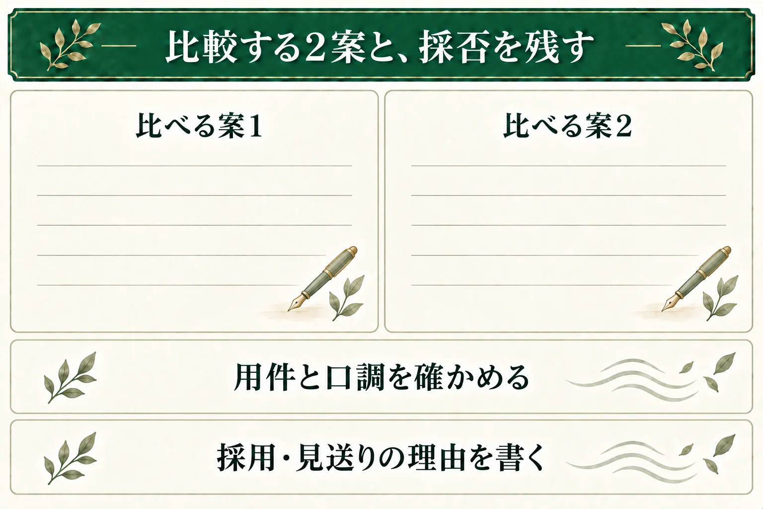 最大3候補から比較する2案をワークに置く。用件と口調を確かめ、採用する一文と理由、または見送りの理由を残す。