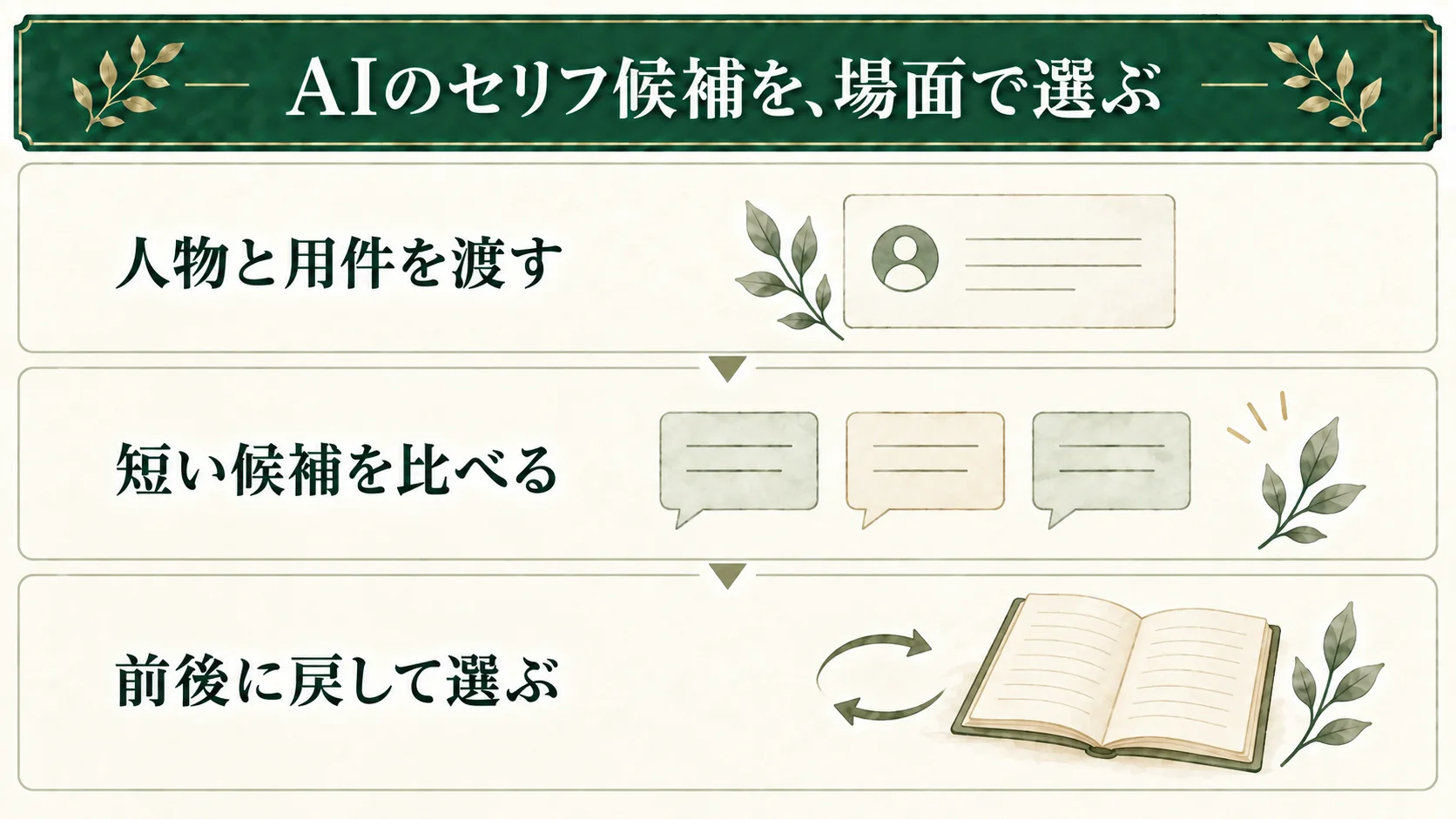 人物の口調と伝えたい用件をAIへ渡し、短いセリフ候補を比べる。前後の会話に戻して読み、意味と口調に合う案を作者が選ぶ。
