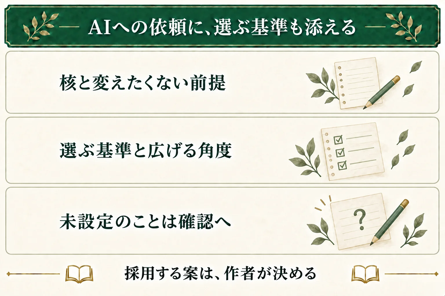 AIへの依頼に核と前提、選ぶ基準、広げる角度を添える。未設定の条件は確定せず確認点に分け、採用する案は作者が決める。