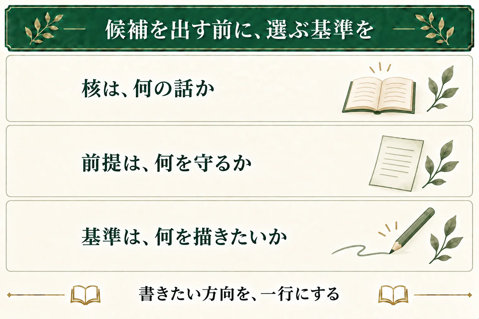 アイデアの核、変えたくない前提、描きたい感情や問いを分ける。候補を出す前に、選ぶ基準を一行で書く。