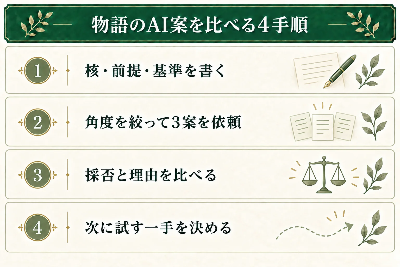 核・前提・選ぶ基準を書き、広げる角度を一つに絞ってAIに3案を依頼する。採否と理由を比べ、候補の具体化または依頼条件の修正へ進む。