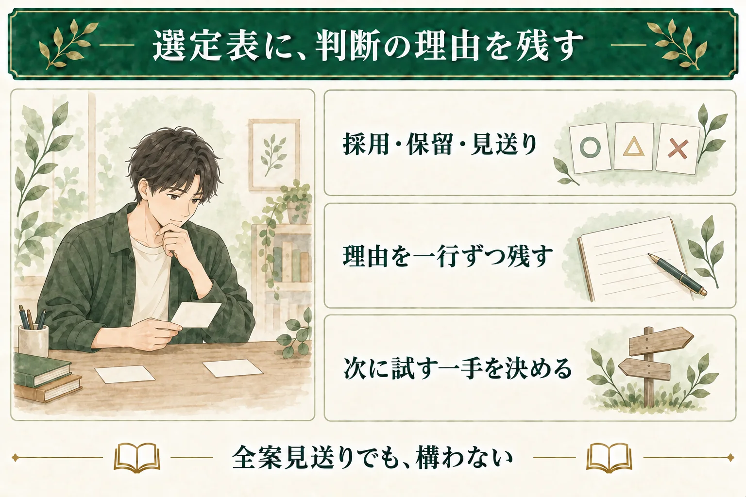 AI案選定表で、作者が候補の採用・保留・見送りと理由を残す。全案を見送ってもよく、その場合は次の依頼で変える条件を一つ決める。