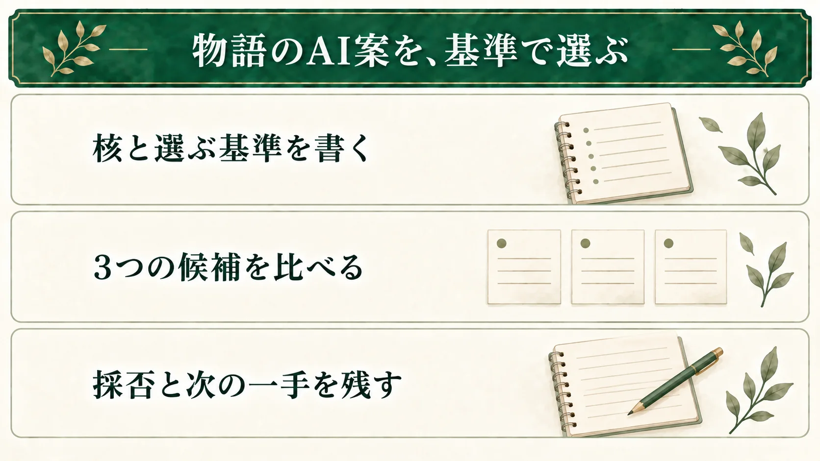 核と選ぶ基準を先に書き、AIが広げた3候補を比較する。採用・保留・見送りの理由と次の一手を残す。