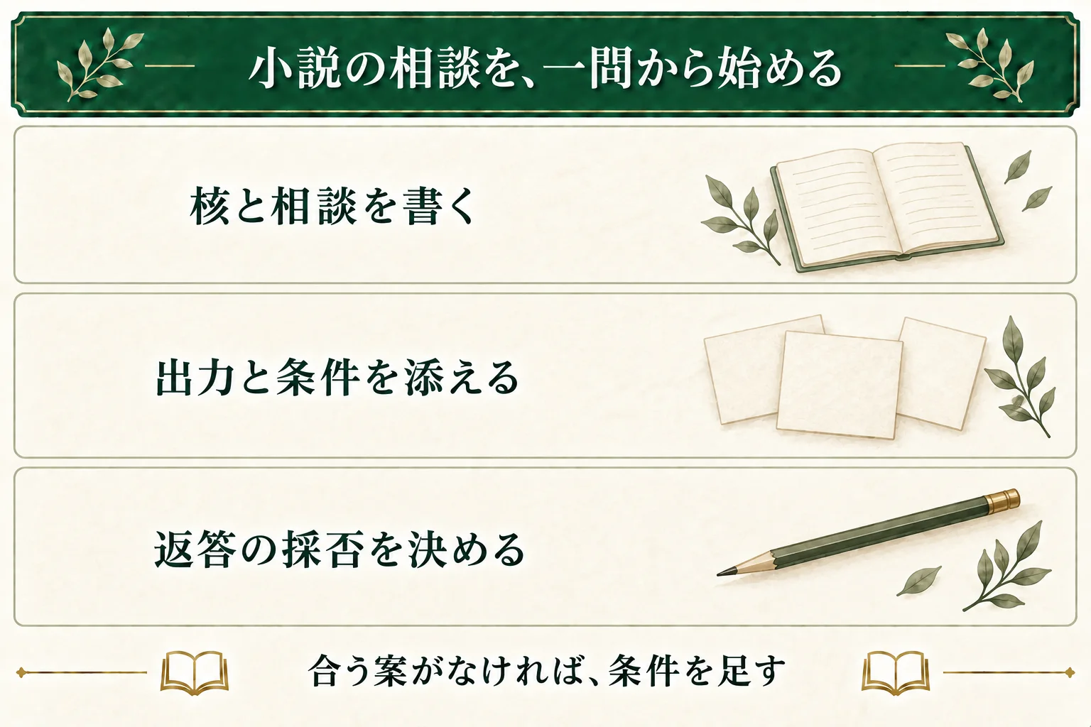 最初のプロンプトに物語の核、相談したいこと、返答形式、変えたくない条件を書く。返答の採否と理由を決め、合う案がなければ次に足す条件を残す。