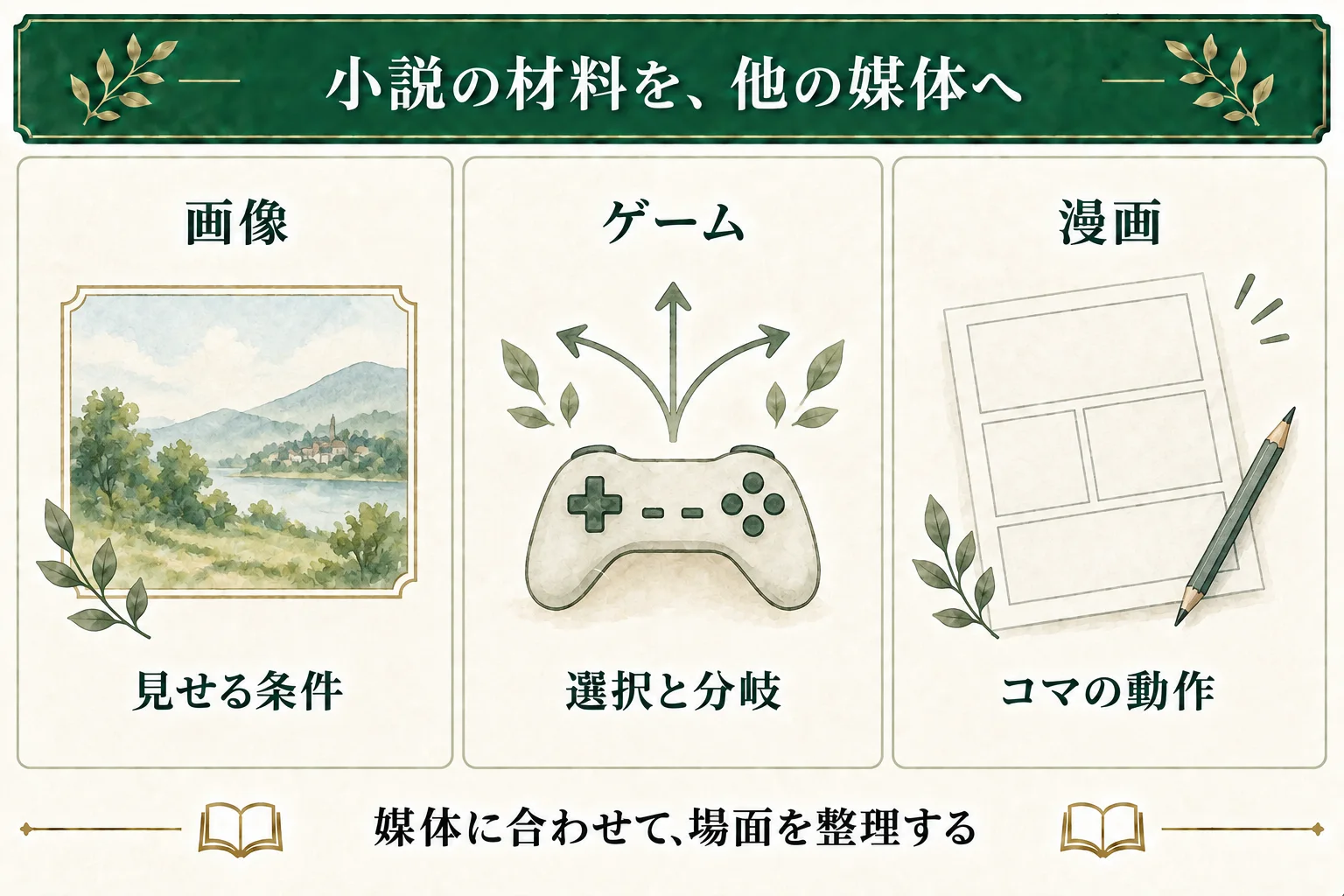小説の設定や場面メモを別の媒体に活かす。画像は見せる条件、ゲームはプレイヤーの選択と分岐、漫画はコマに入る動作を整理する。