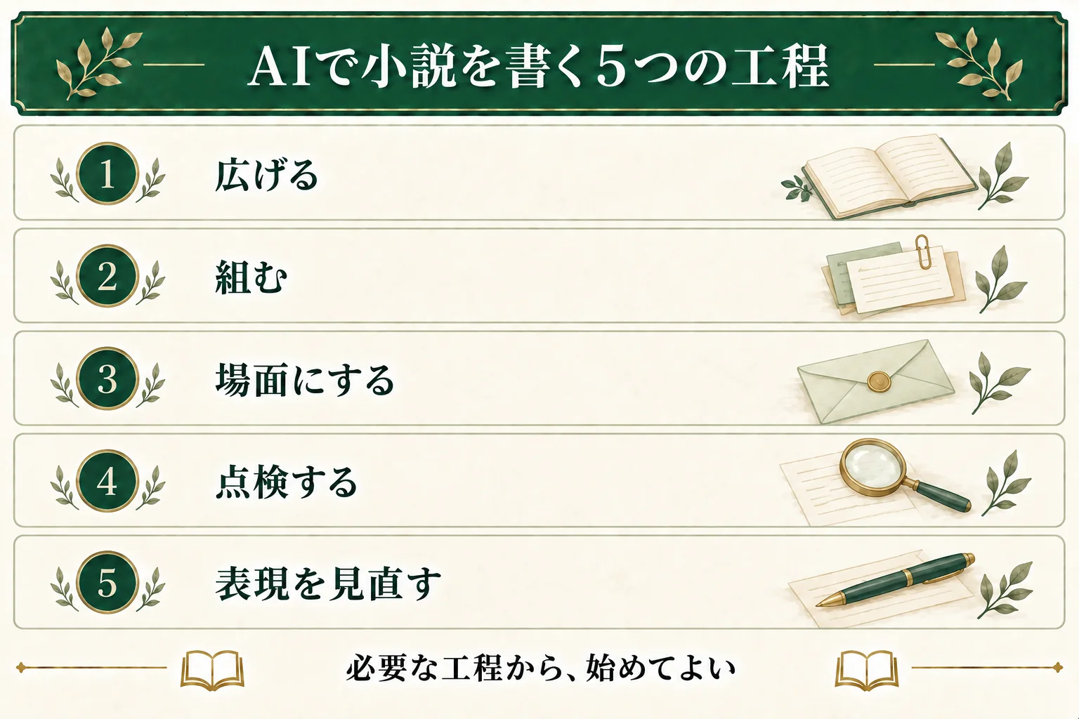 AIで小説を書く工程を、広げる・組む・場面にする・点検する・表現を見直すに分ける。5工程すべてを順番に進む必要はなく、今必要な工程から始められる。