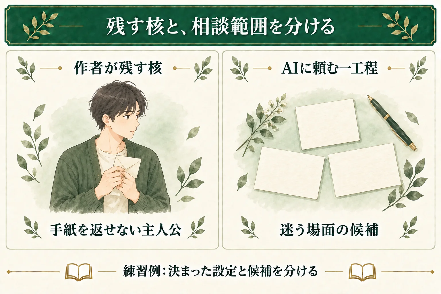 練習例では、手紙を差出人に返せない主人公を作者が残す核にする。AIには主人公が迷う場面の候補を頼み、決定済みの設定と追加案を分ける。