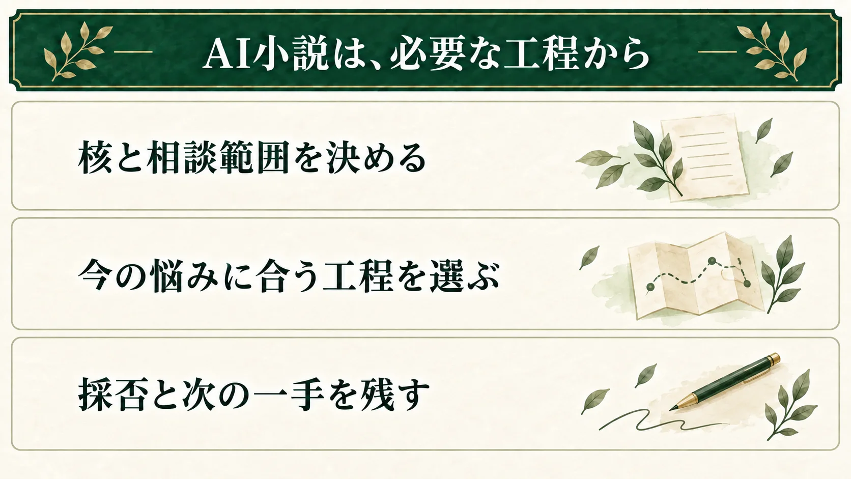 作者が残す核とAIに頼む範囲を決め、今の悩みに合う工程を選ぶ。返答を読んで採否と理由を残し、次の一手を決める。
