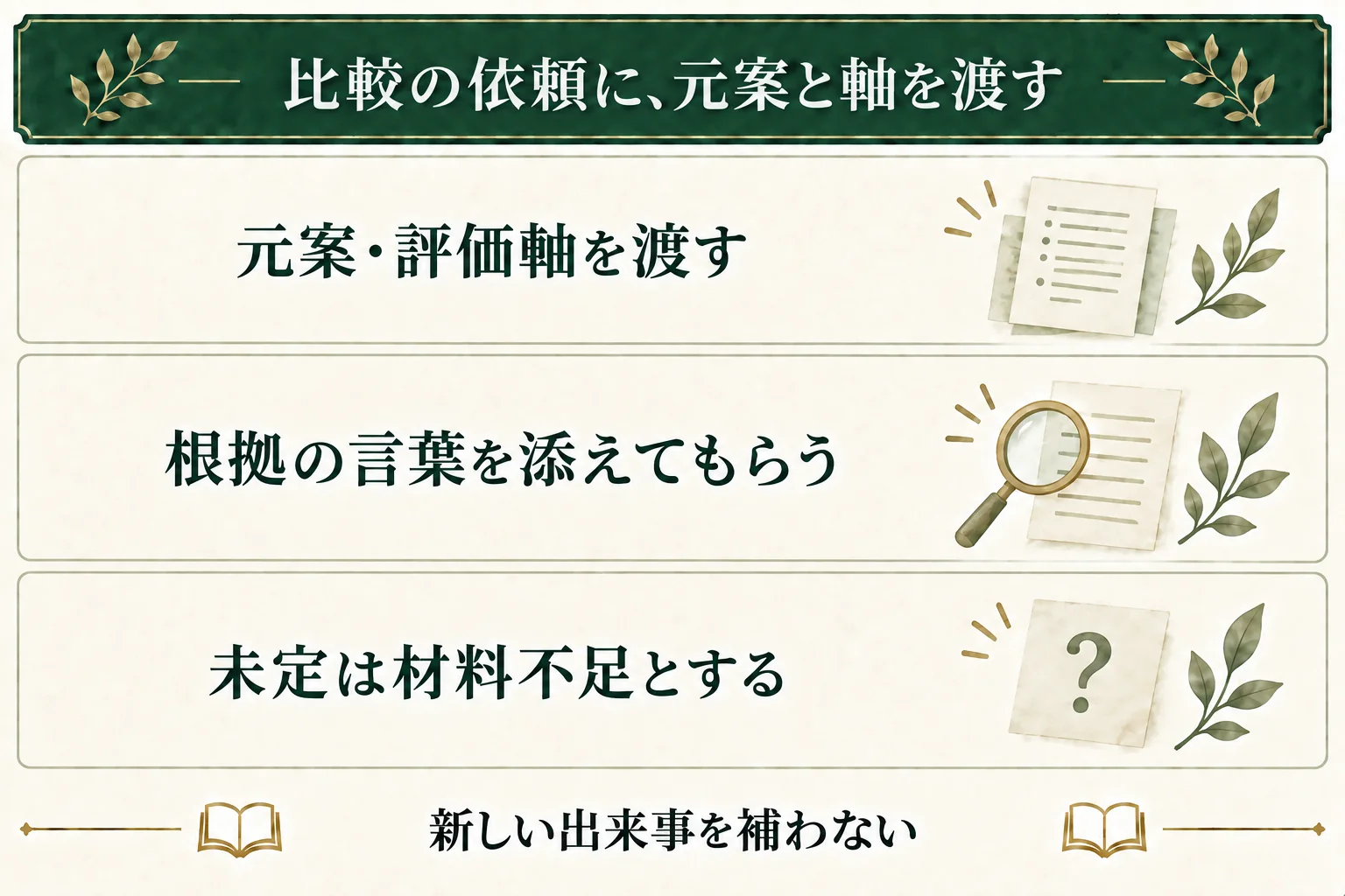 比較プロンプトに元案と評価軸を渡し、説明の根拠になった言葉を添えてもらう。未定の箇所は材料不足とし、新しい出来事で埋めない。