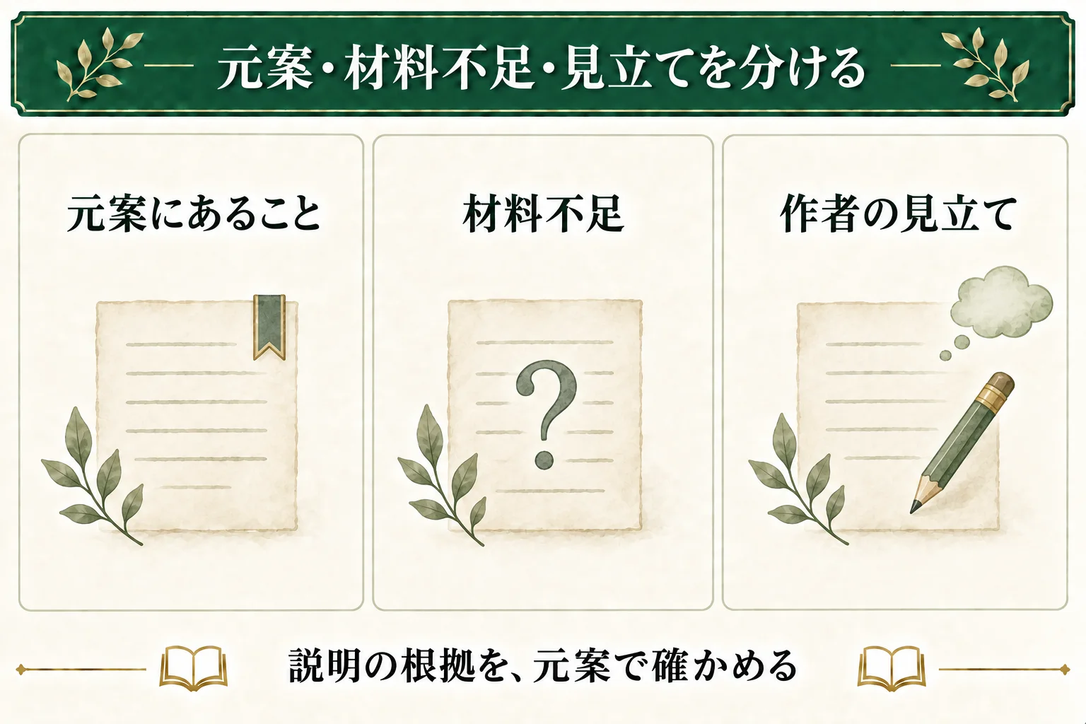 元案に書かれた事実、まだ判断できない材料不足、作者が考えた可能性を分ける。比較の説明が元案のどの言葉に基づくかを確かめる。