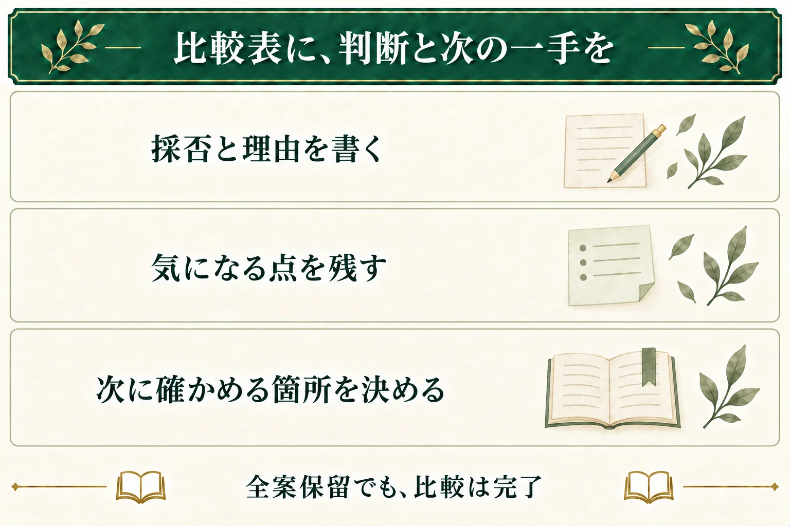 作者が採用・保留・見送りと理由を記録し、気になる点と次に確かめる箇所を残す。材料不足なら先に補う情報を決め、全案保留でもよい。