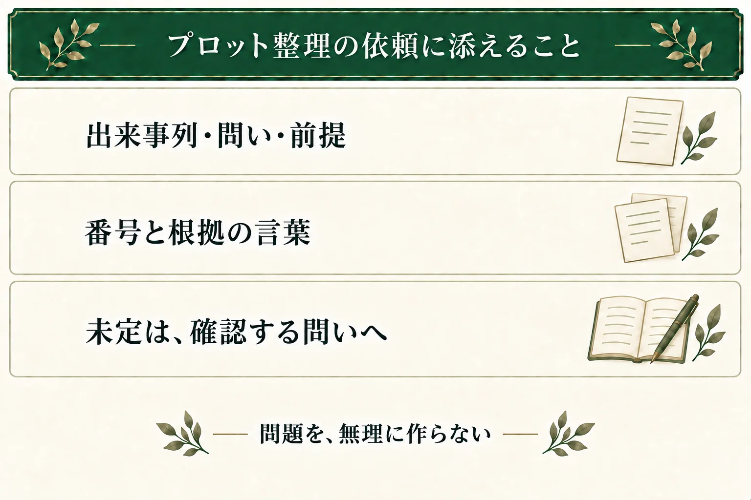 依頼文に出来事列・問い・必要な前提を書き、指摘する番号と根拠の言葉を求める。未定の箇所は確認する問いに分け、問題がなければ無理に指摘を作らない。