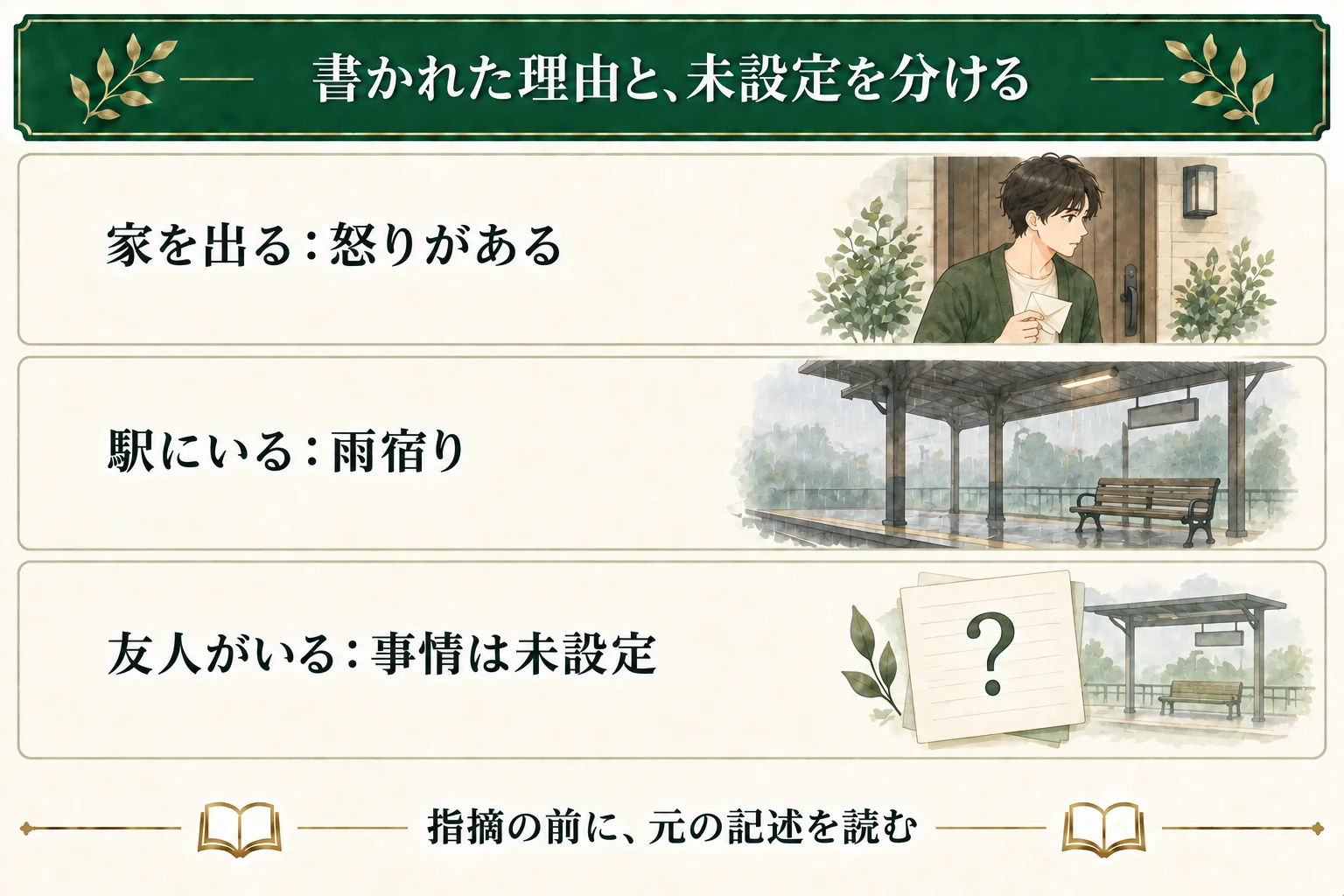 手紙の練習例では、主人公が家を出るきっかけは怒り、駅にいる事情は雨宿りと書かれている。父の友人がそこにいる事情は未設定で、指摘の前にこの違いを確かめる。