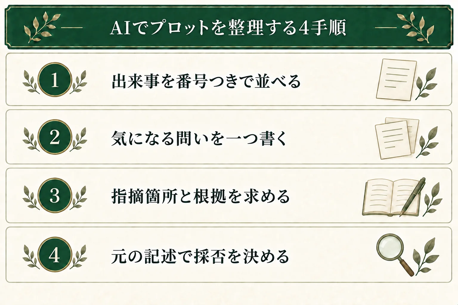 出来事を番号つきで並べ、気になる問いを一つ書く。AIに指摘箇所と根拠を求め、作者が元の記述を読んで採否を決める。