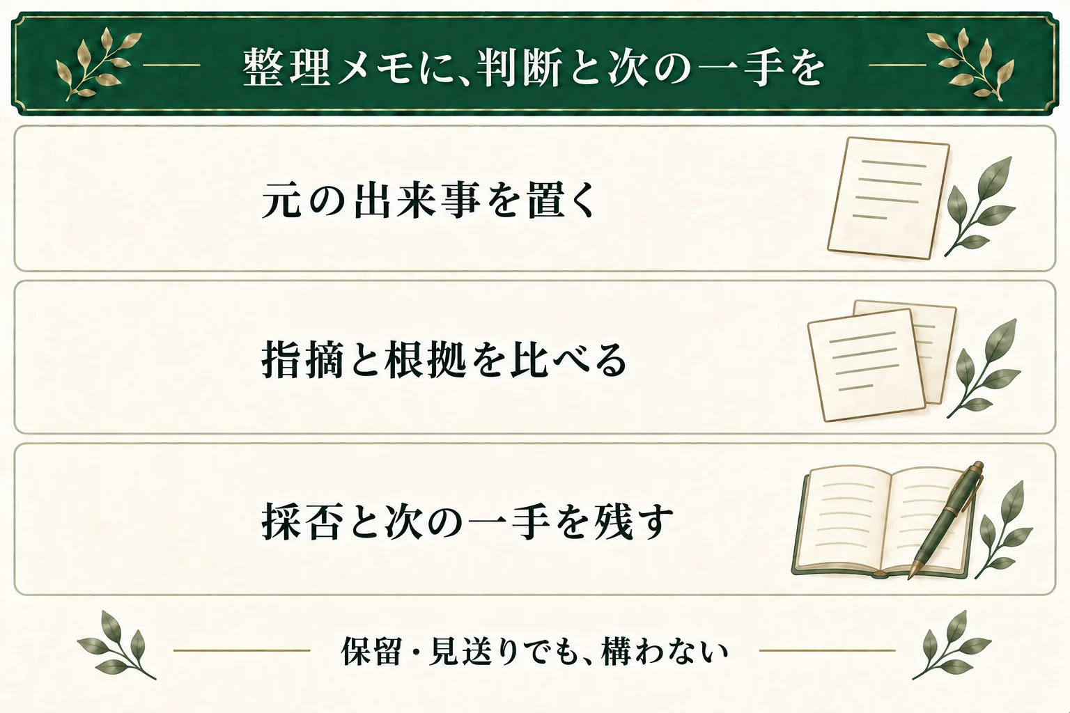 ワークに元の出来事とAIの指摘を置き、根拠を比べる。作者の判断欄に採否と理由、次に確かめる点を残し、保留や見送りなら無理に出来事を書き換えない。