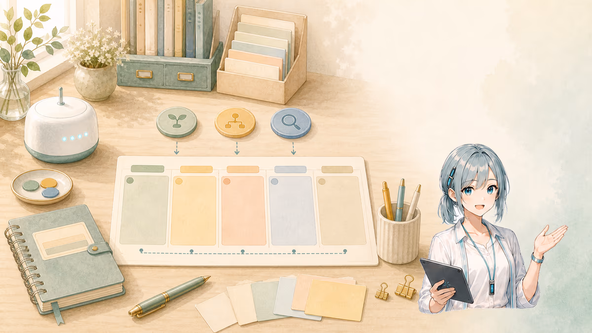 AIの担当を決める色付きトークンと五要素の空欄テンプレートを示す創作アトリエの挿絵
