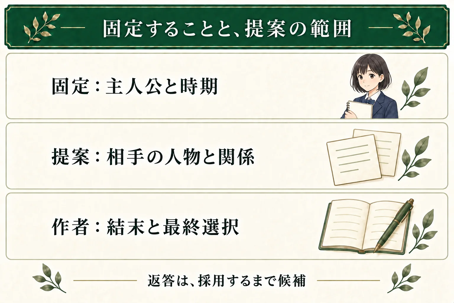 練習例では主人公と時期を固定し、相手の人物と関係は候補として提案してもらう。結末と最終選択は作者が決め、返答をそのまま確定設定にはしない。