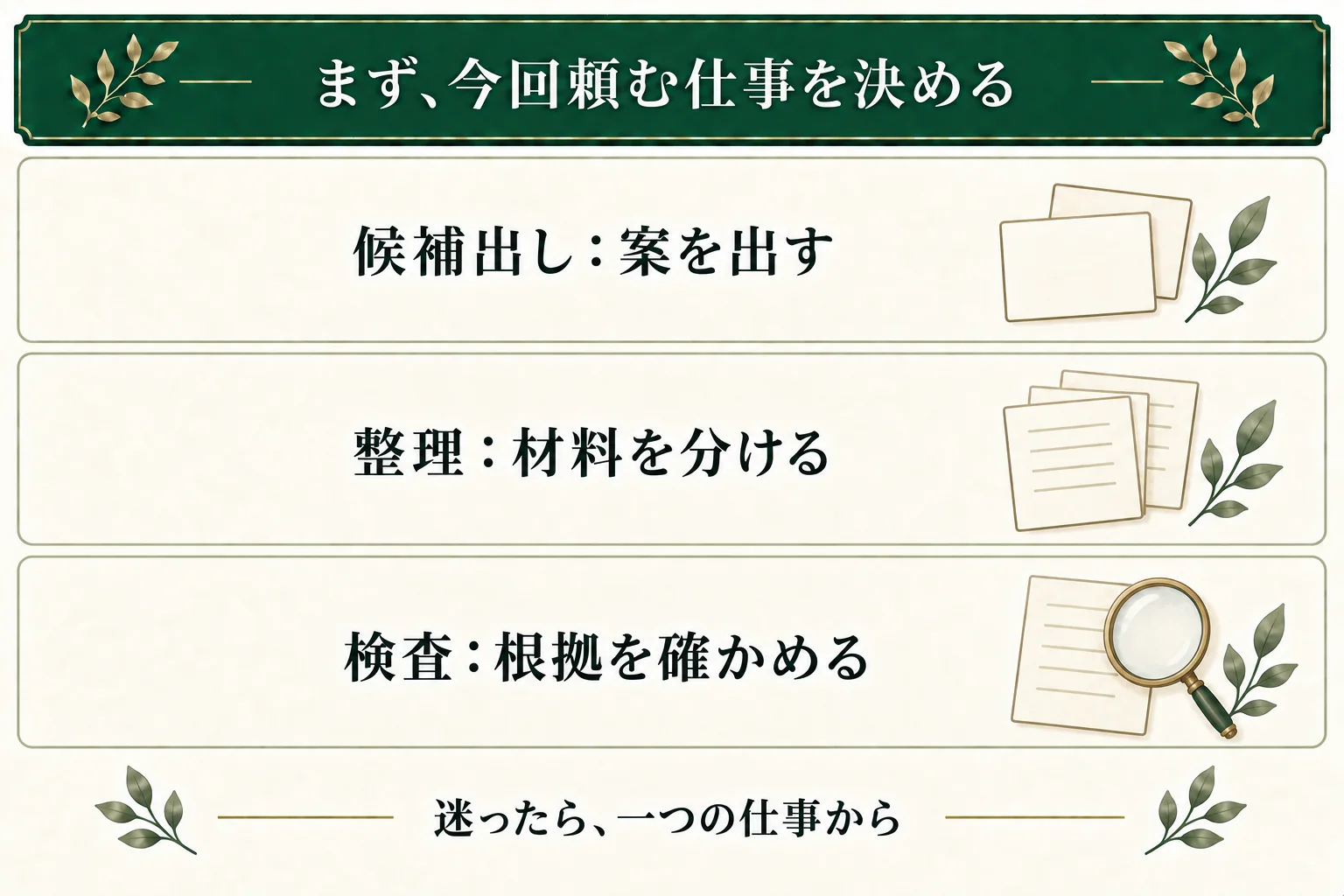 候補出しは未定の案を出す依頼、整理は手元の材料を分ける依頼、検査は根拠を確かめる依頼。今回頼む仕事を選び、必要な材料や条件を添える。
