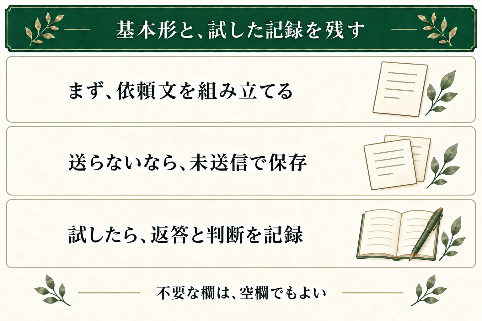 最初の五欄で依頼文の基本形を作る。送らなければ未送信として保存でき、試した場合は条件・返答・採否の理由を必要に応じて記録する。