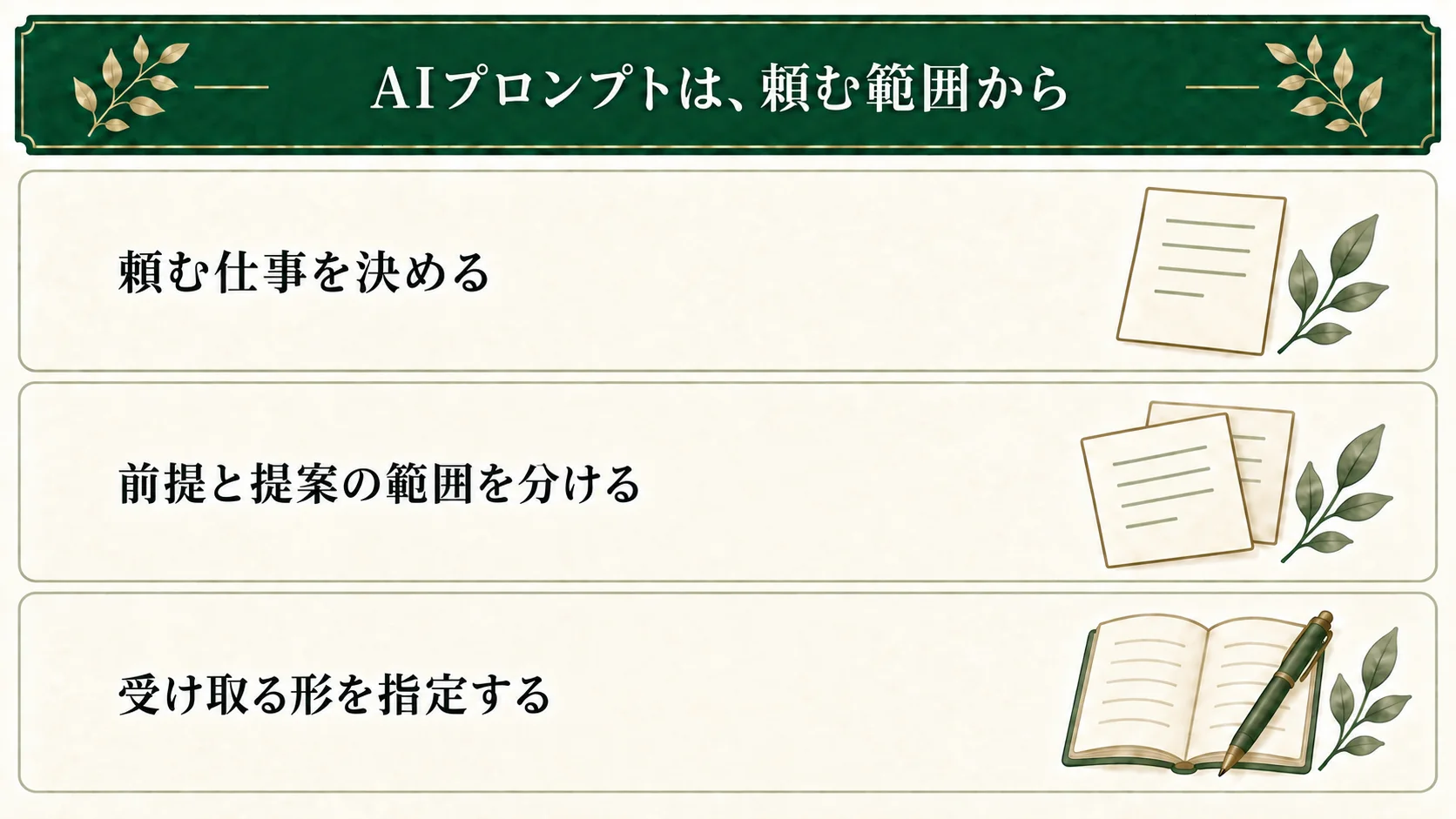 AIプロンプトを、頼む仕事・必要な前提・問い・制約・出力形式で組み立てる。固定する設定と提案してよい範囲を分け、必要な形にまとめて保存する。