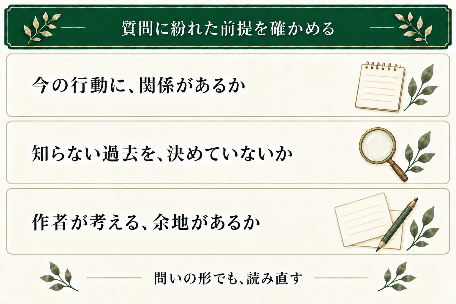 質問を読むときは、今の行動に関係するか、知らない過去を事実扱いしていないか、作者が考える余地があるかを確認する。問いの形でも設定が追加されることがある。