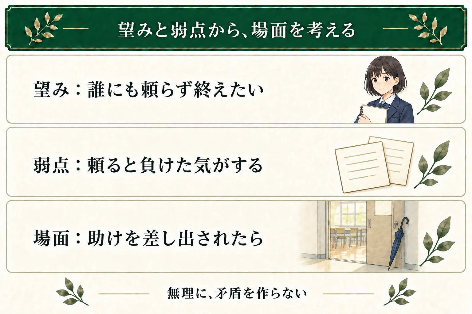 練習例の主人公は、誰にも頼らず卒業式を終えたいと思い、助けを求めると負けた気がしている。この二つを矛盾と決めつけず、助けを差し出された場面を考える。