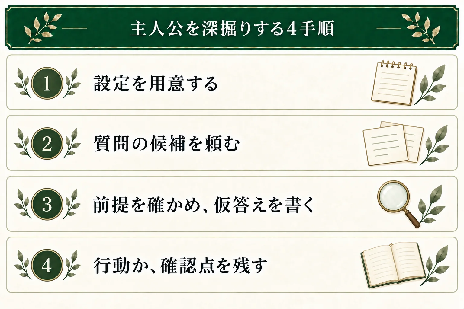 設定を用意し、AIに質問の候補を頼む。質問の前提を確かめて一問への仮答えを書き、行動か次の確認点を残す4手順。