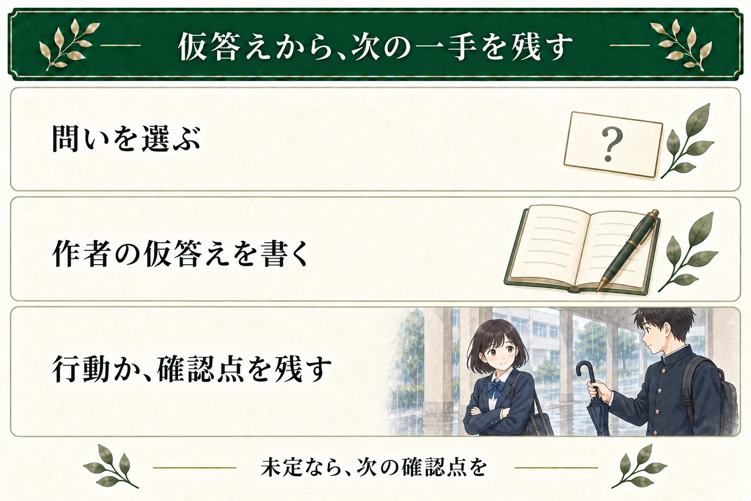 選んだ問いに作者が仮答えを書き、次の行動か未定の確認点を残す。傘を差し出す友人を主人公が断る場面は、作者が仮答えを試す架空の作例。