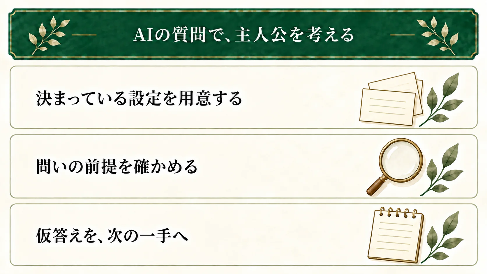 決まっている主人公の設定から質問を作り、問いの前提を確かめる。作者が仮答えを書き、場面で試す行動か次の確認点を残す。