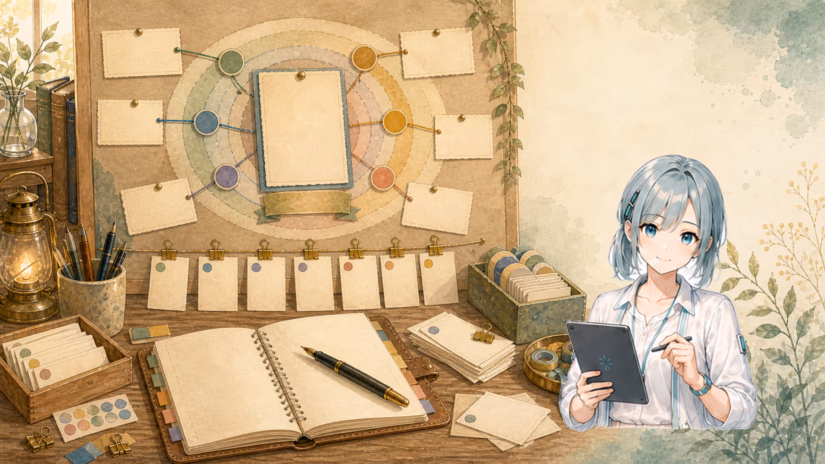 AIで主人公を深掘りする方法の内容をイメージした創作アトリエの挿絵