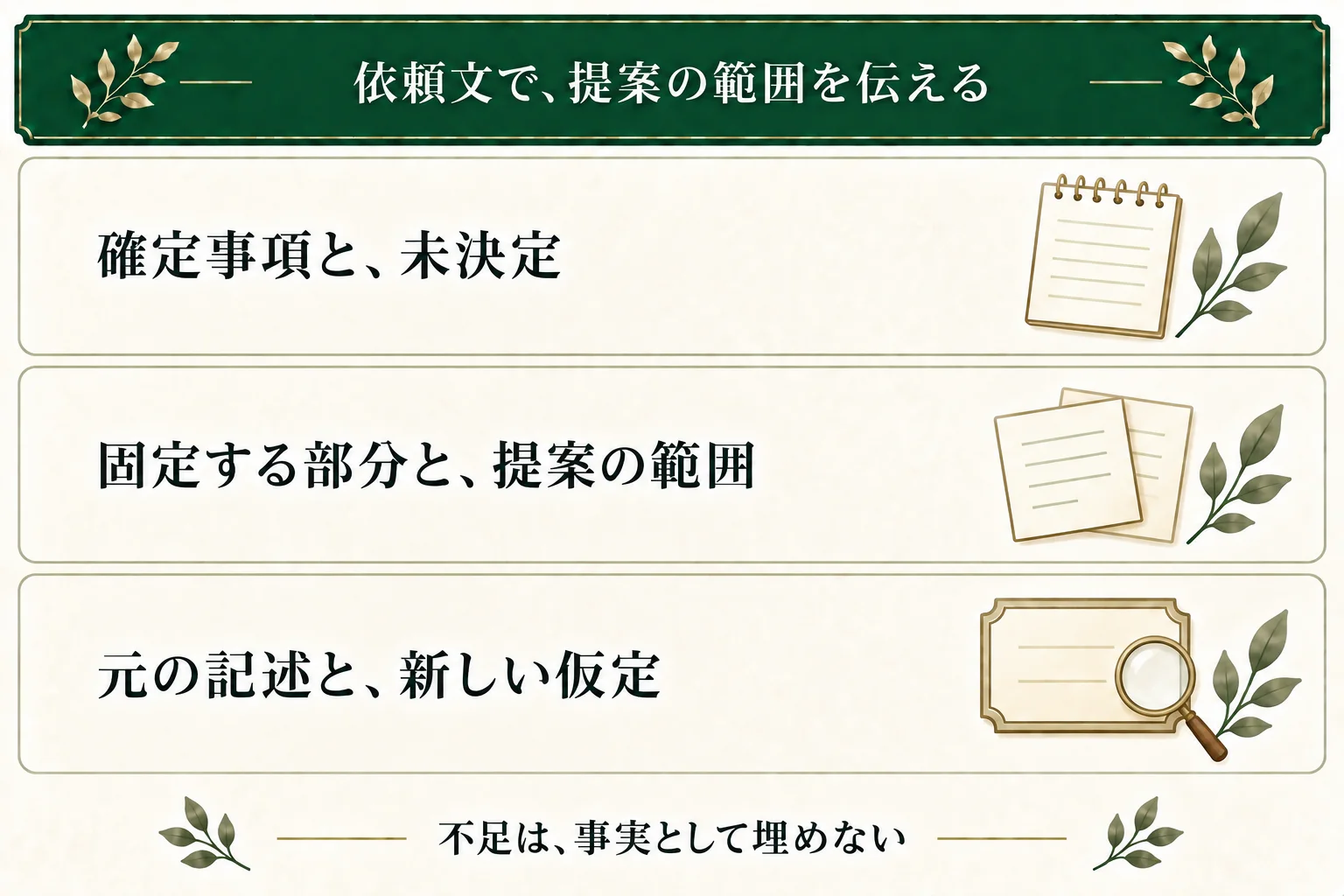 依頼テンプレートには確定事項と未決定、固定する部分と提案を許す範囲、出力形式を書く。元メモの記述と新しい仮定を区別して返してもらう。