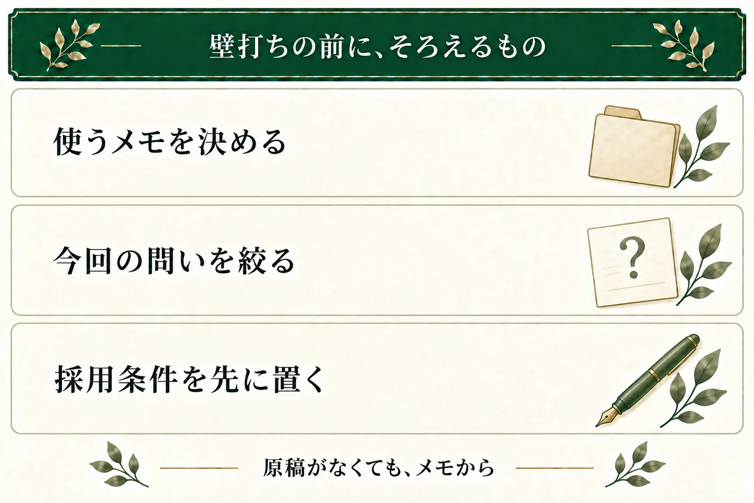 使う原稿やメモを決め、今回選びたいことを絞り、採用する条件を先に置く。原稿がまだない場合は、名前や日付を付けたメモでも相談できる。