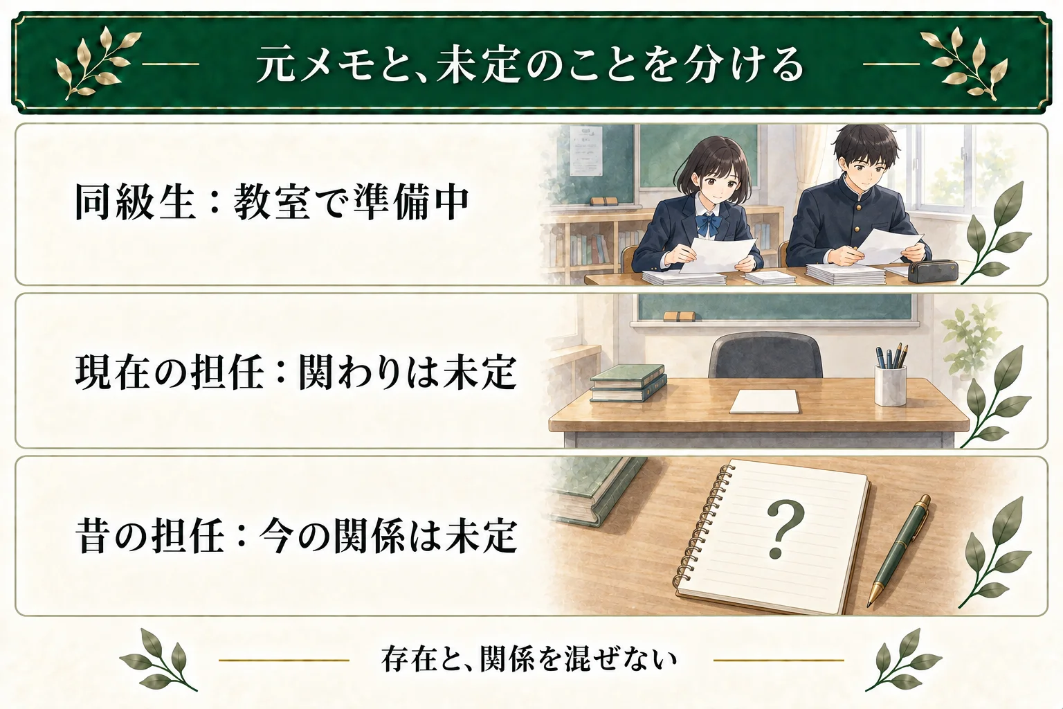 作例では同級生が教室で準備中と元メモに書かれている。現在の担任がその場面にどう関わるか、昔の担任との今の関係は未定。候補の根拠と未定の点を分けて比較する。