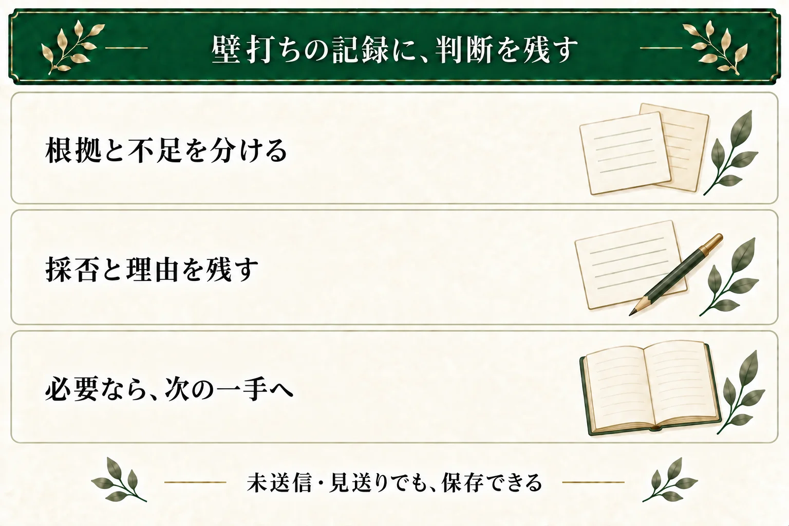壁打ちの記録には、候補の根拠と不足、採否と理由、必要に応じた次の一手を残す。未送信や全案見送りでも保存し、本文の一文を無理に作らない。