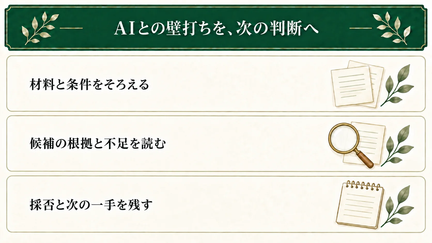 小説の壁打ちでは、材料・問い・採用条件を用意し、AIの候補の根拠と不足を元メモで確かめる。作者が採用・保留・見送りと、次の一手を残す。