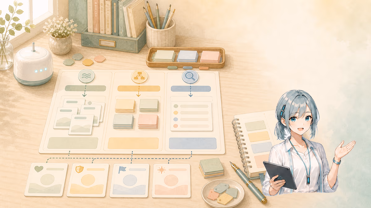 候補出し、整理、検査の三つの役割ボードと作者の判断カードを分けて示す創作アトリエの挿絵