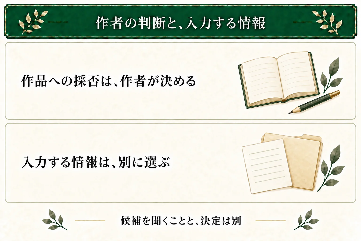 作品のどの設定や表現を採用するかは作者が決める。一方、外部AIへ入力する情報は必要な材料と利用条件から選ぶ。候補を聞くことと採用を任せることを区別する。